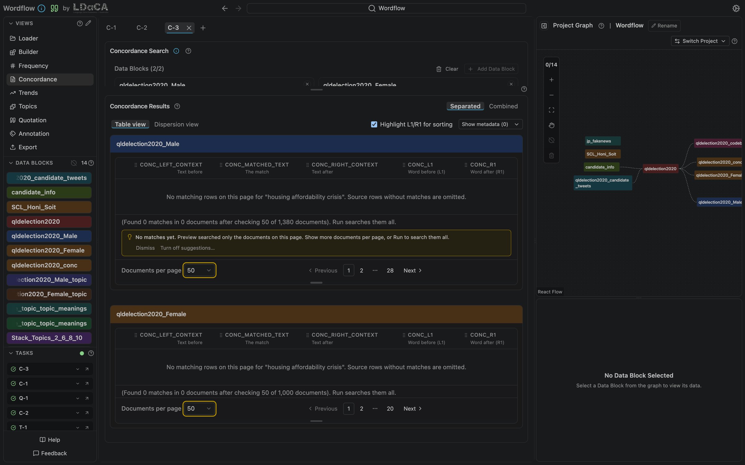 Concordance in dark theme with a suggestion that Preview found no matches yet