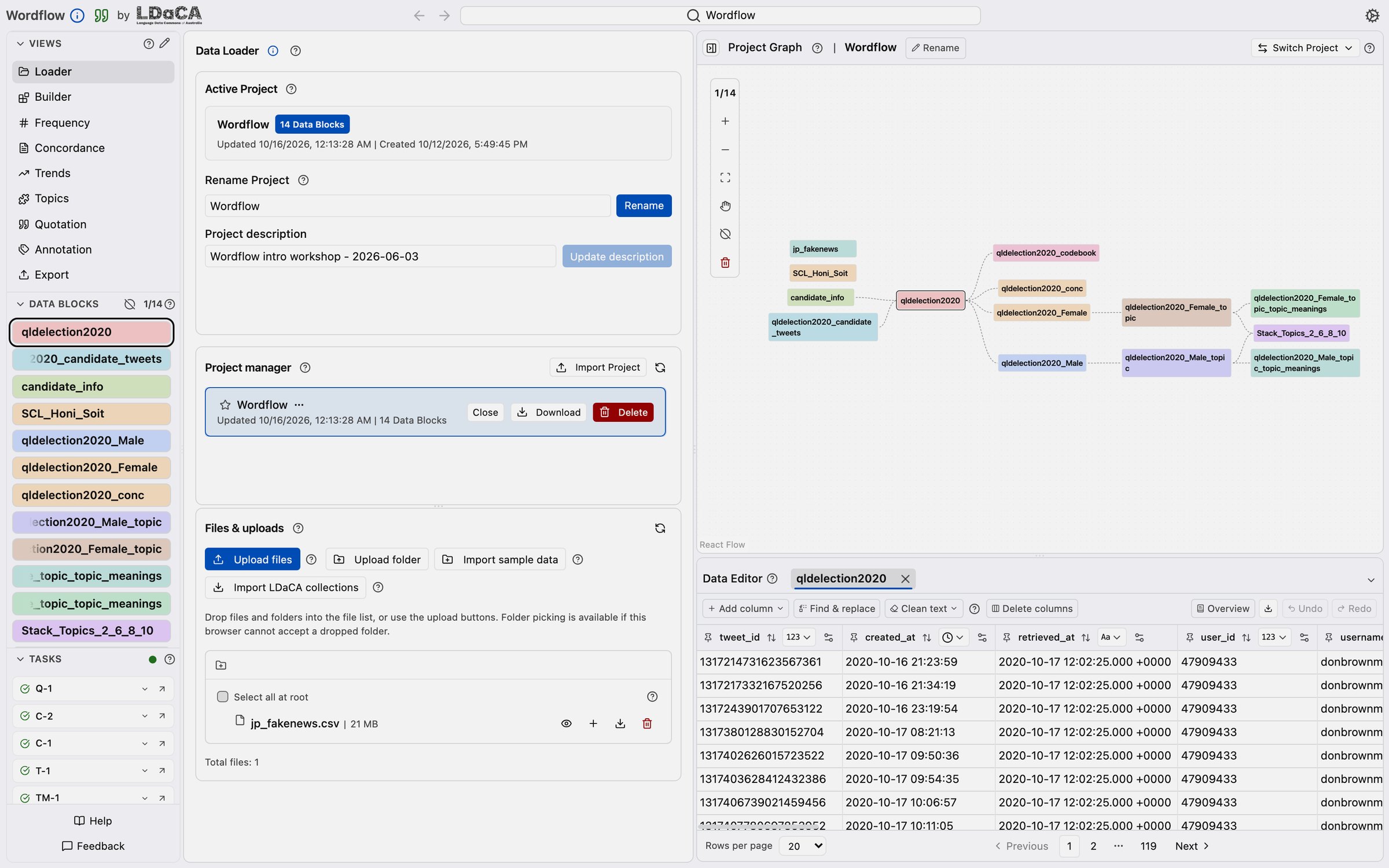 A colourful Project graph of corpora, subsets, topic models and codebooks, with the Data Editor below